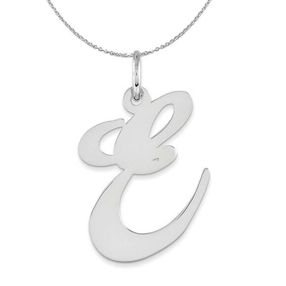 Silver, Ella Collection, LG Fancy Script Initial E Necklace - 24 In - Picture 1 of 8